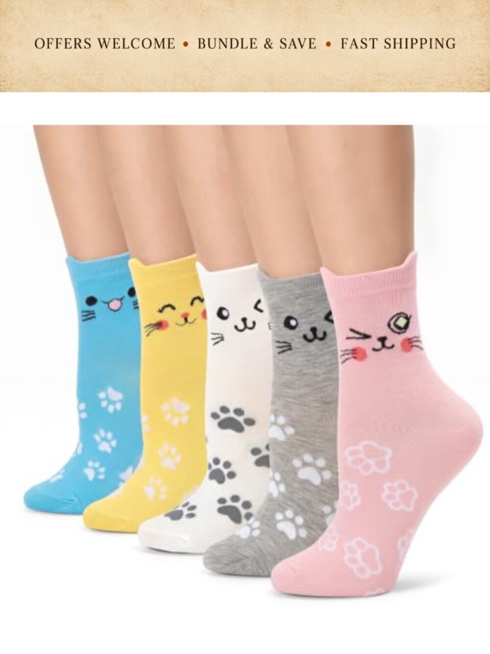 Cat Print Calf Socks 5 Pairs Soft Cotton Blend Women's Size 5-9